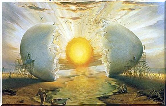 Surreal image of sunrise hatching from an egg