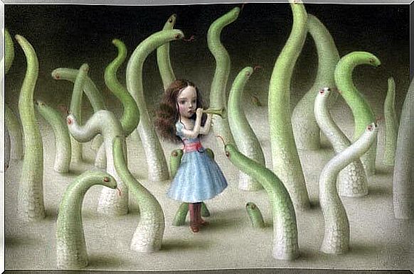 Girl among snakes