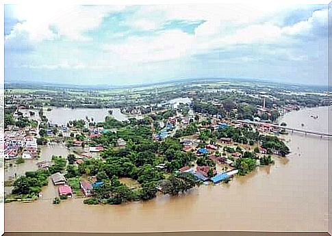 A flooded village.