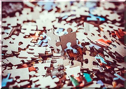 Puzzle pieces in a pile.